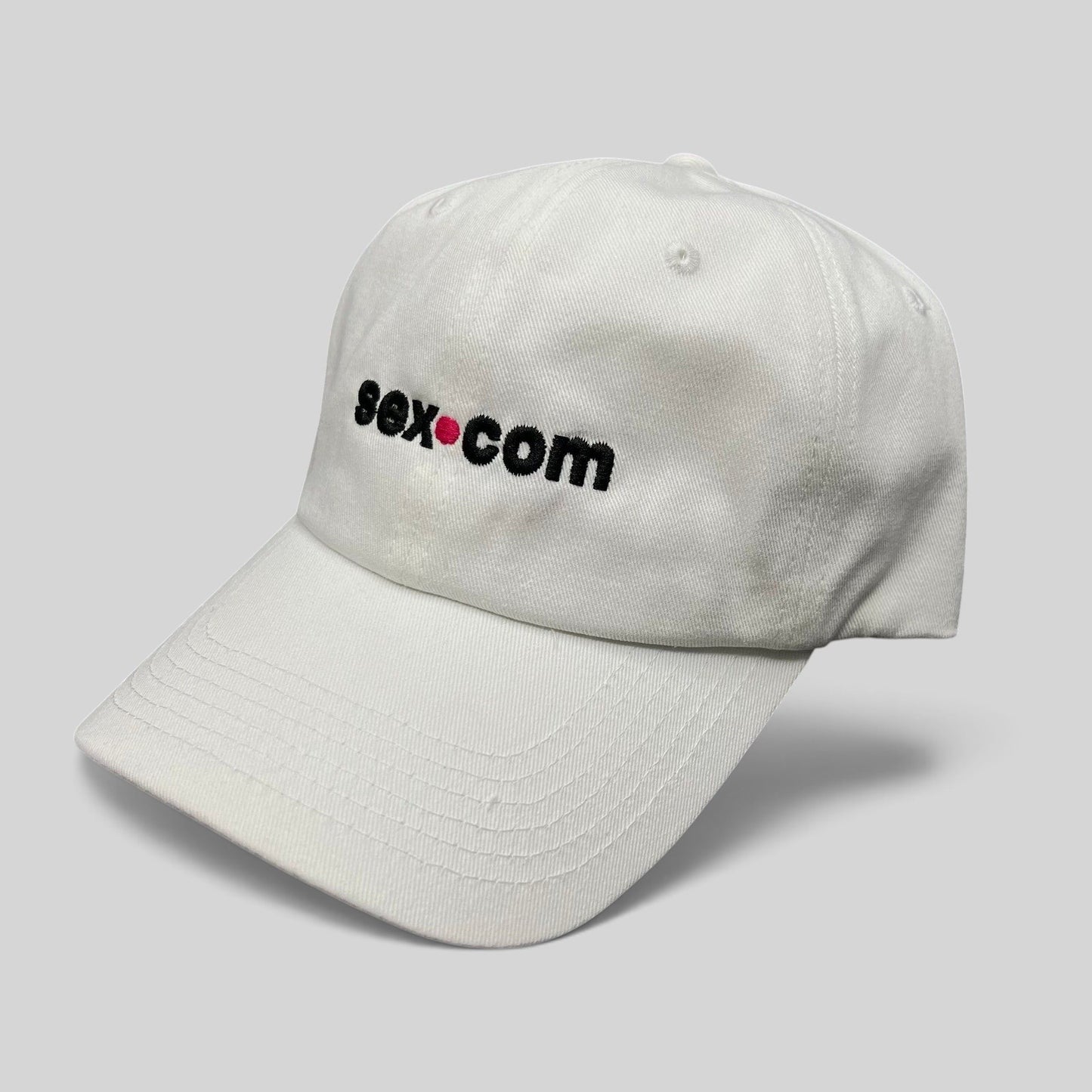 Raree Finds white cotton dad cap featuring embroidered black and red sex.com logo with adjustable brass strapback