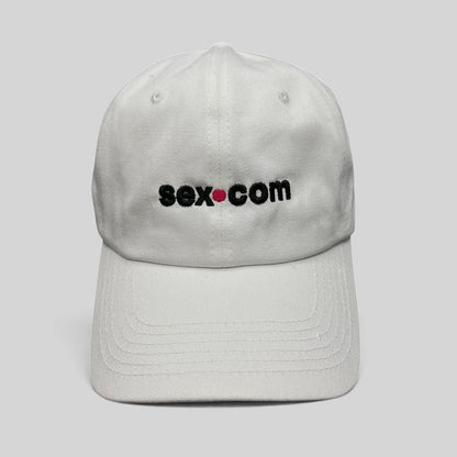 Raree Finds white cotton dad cap featuring embroidered sex.com logo with red accent and adjustable brass strapback