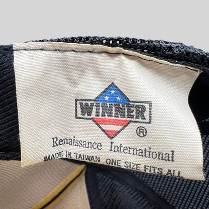 Raree Finds vintage Winner Caps tag inside a black foam trucker hat made in Taiwan
