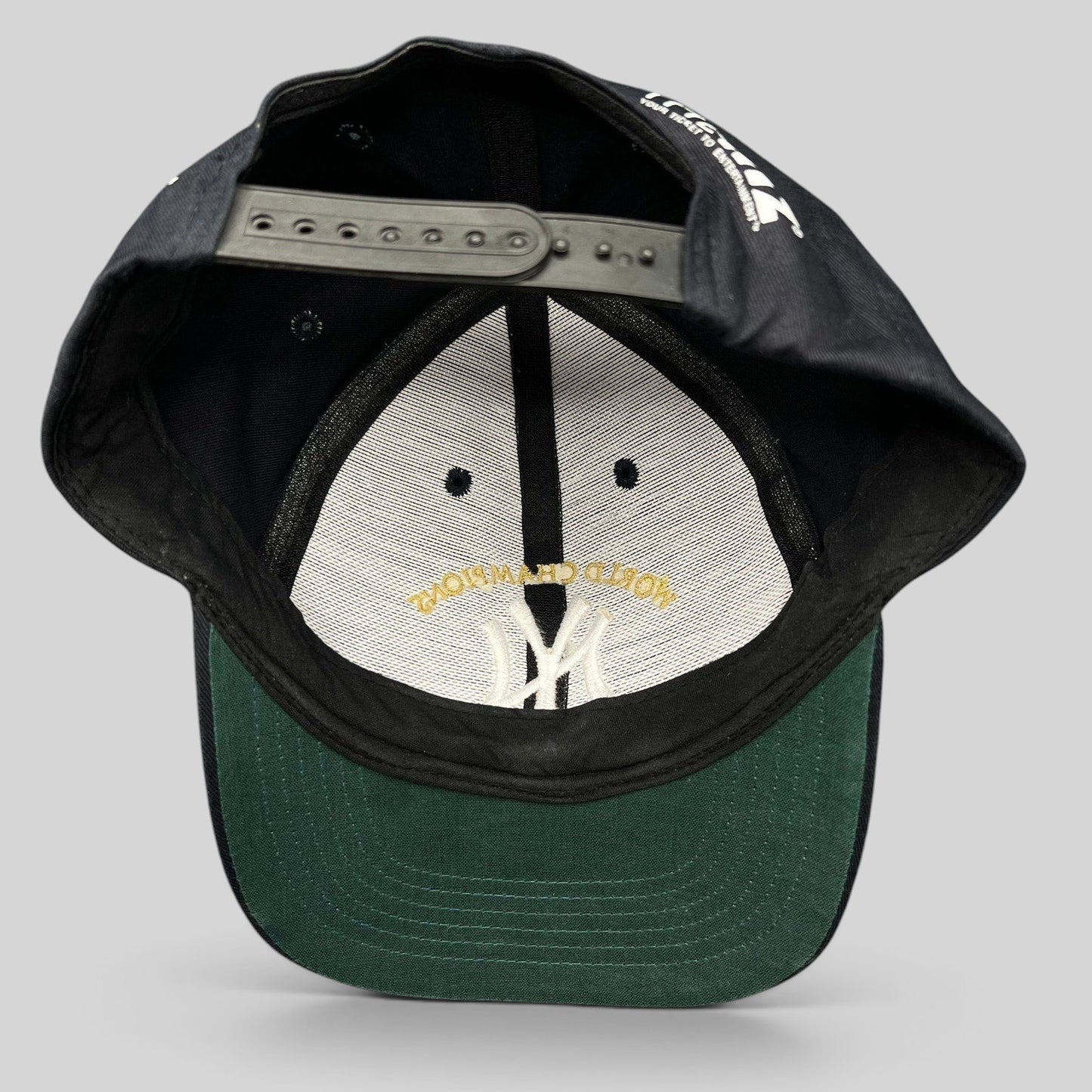 Raree Finds vintage New York Yankees 3-peat World Champions snapback hat with black crown and green underbrim