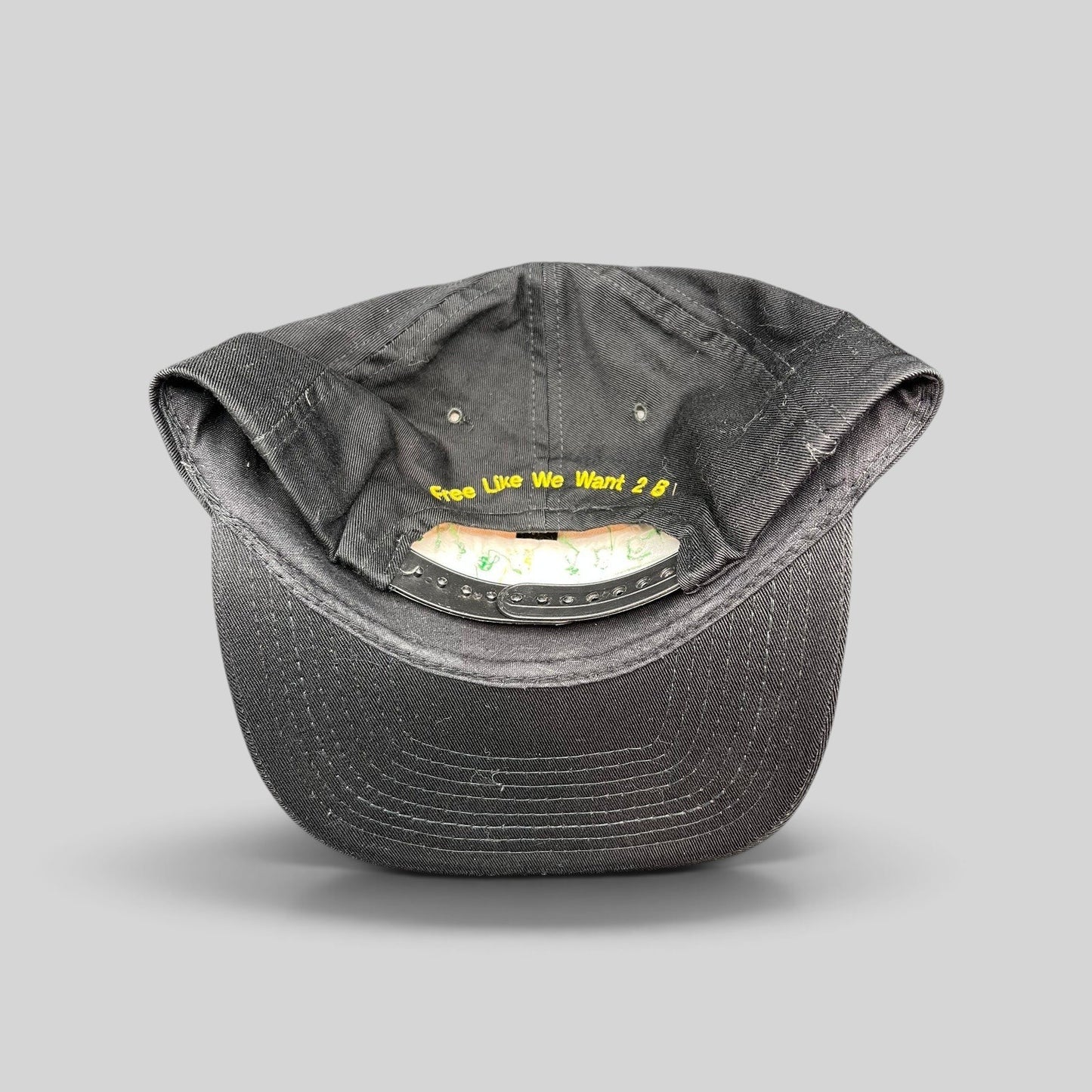 Raree Finds vintage 1995 Ziggy Marley snapback hat interior showing Free Like We Want 2 B embroidery on black cotton