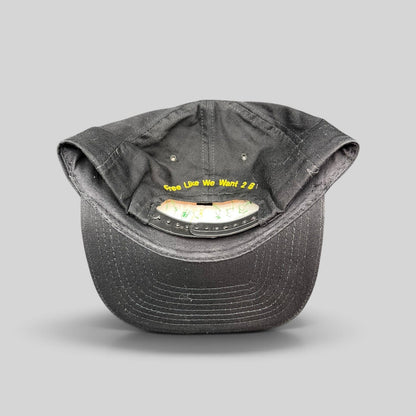 Raree Finds vintage 1995 Ziggy Marley snapback hat interior showing Free Like We Want 2 B embroidery on black cotton