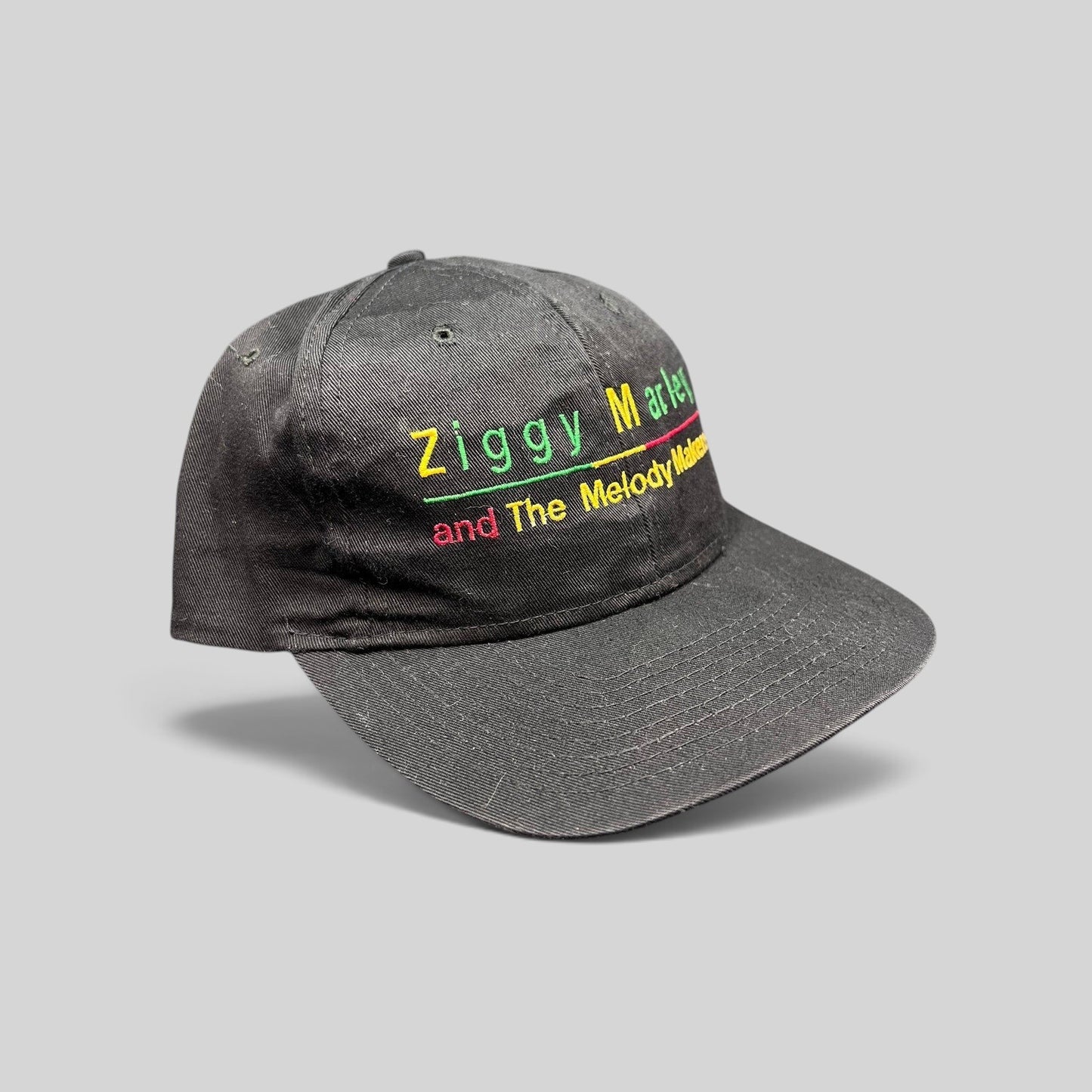 Raree Finds vintage 1995 Ziggy Marley and The Melody Makers black cotton snapback hat with Rasta color embroidery.