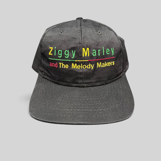 Raree Finds vintage 1995 Ziggy Marley and The Melody Makers black cotton snapback hat with Rasta-colored embroidery.