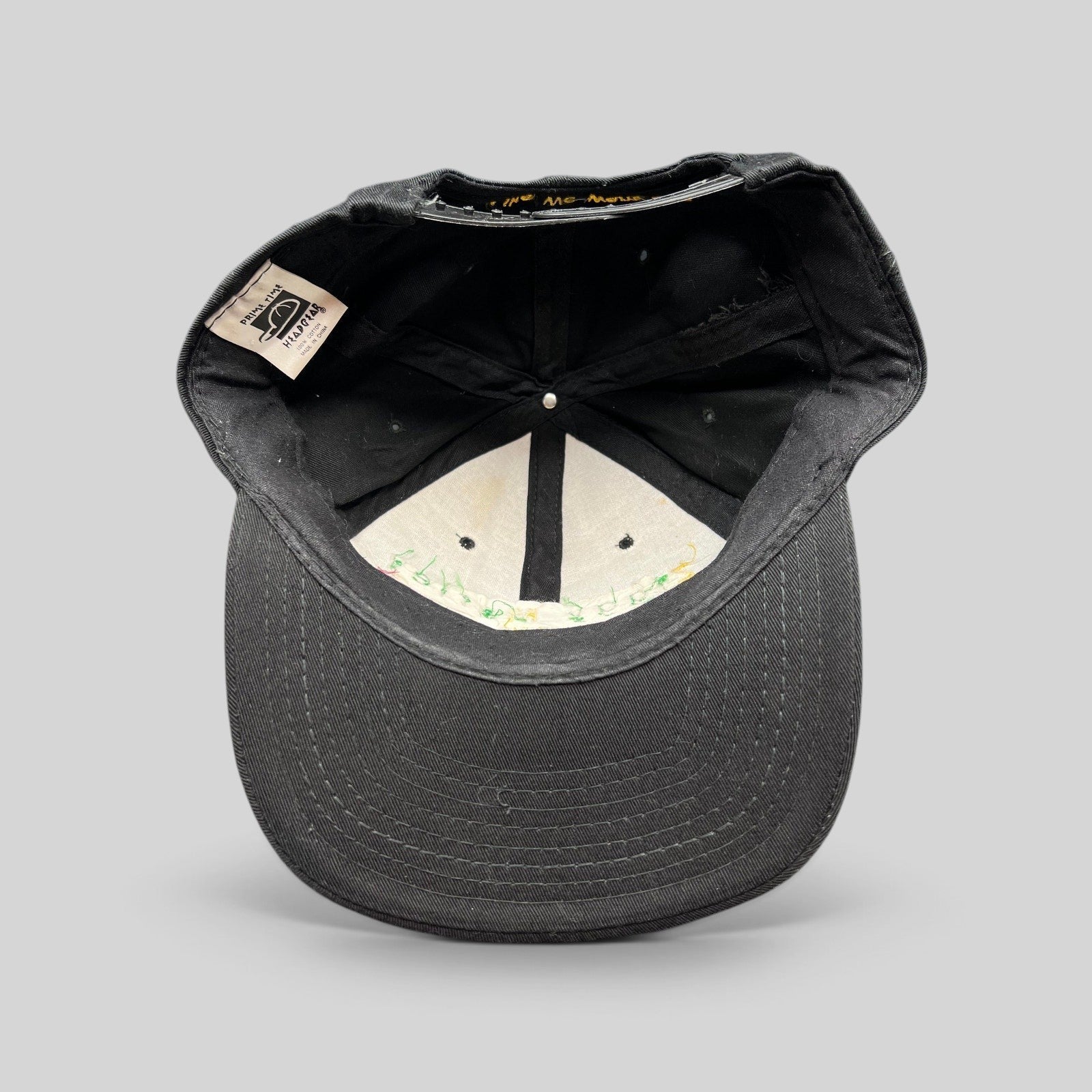 Raree Finds vintage 1995 Ziggy Marley Melody Makers black cotton snapback hat interior showing Prime Time Headgear tag